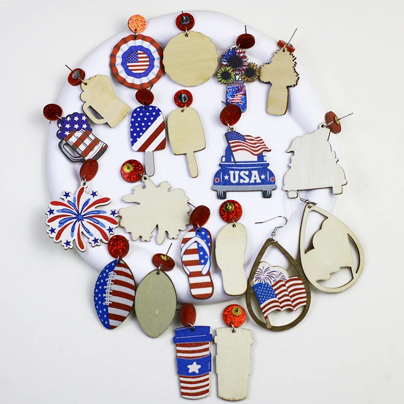 USA Independence Day Wooden Earrings For Women Election Theme American Flag Shield Vase Slipper Popsicle Beer Dangle Earrings