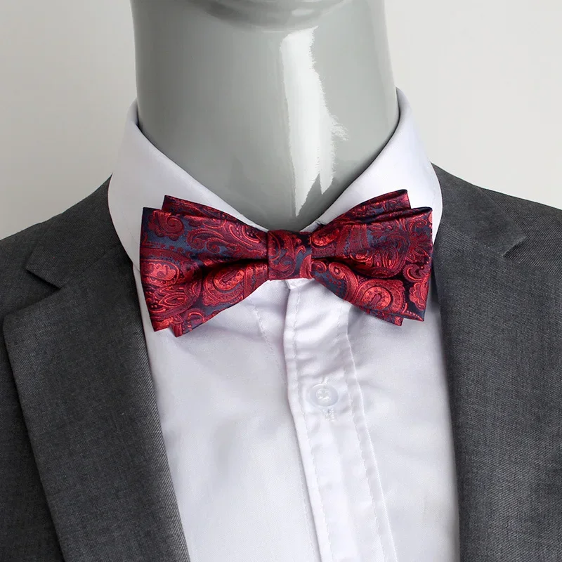 Pajarita de doble capa para hombre, accesorio de boda para novio y mejor hombre, color rojo vino y negro