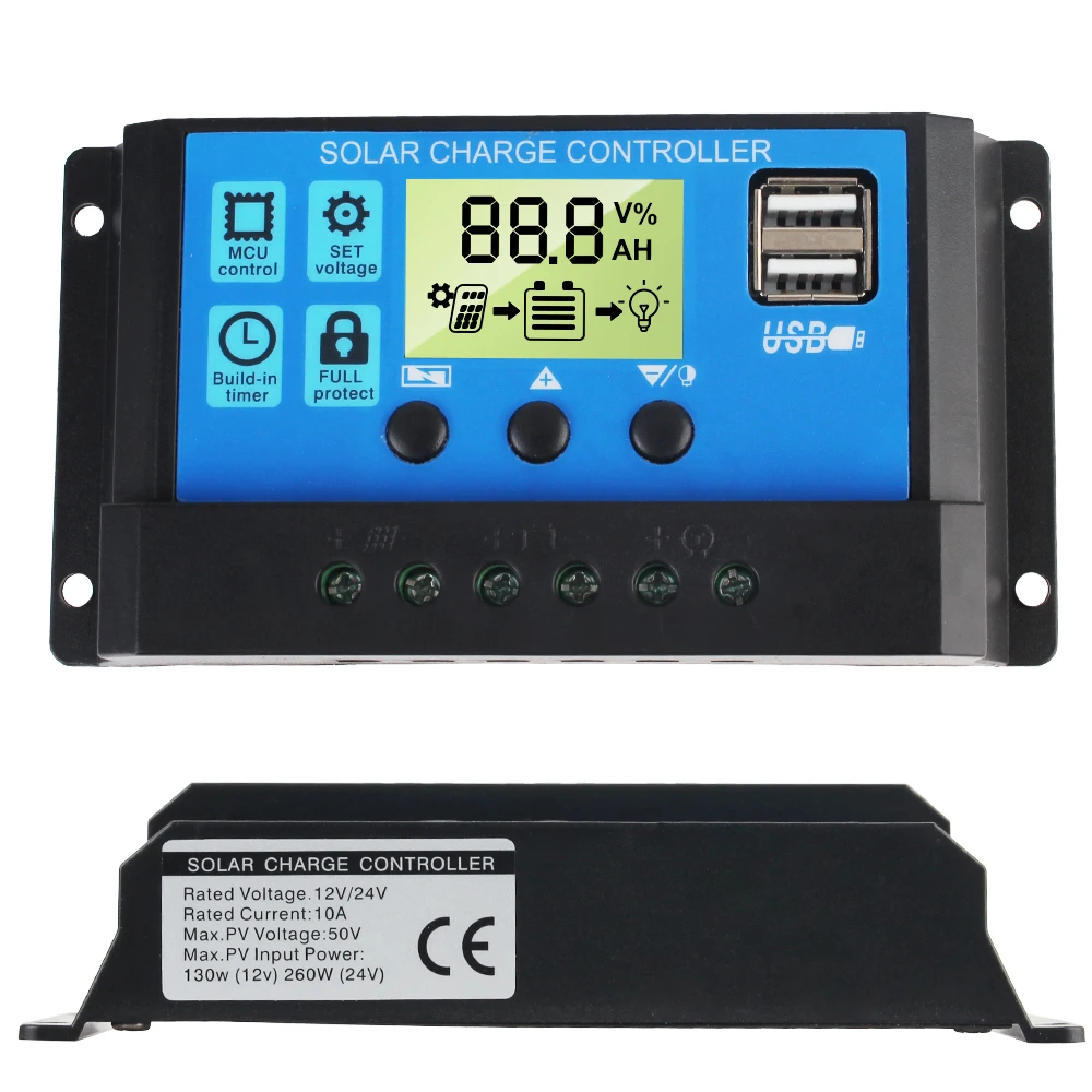 LCD Display Solar Battery Regulator Built-in Timer Solar Controller Dual USB 10A 20A 30A 12V 24V MPPT Accessory PV Regulator