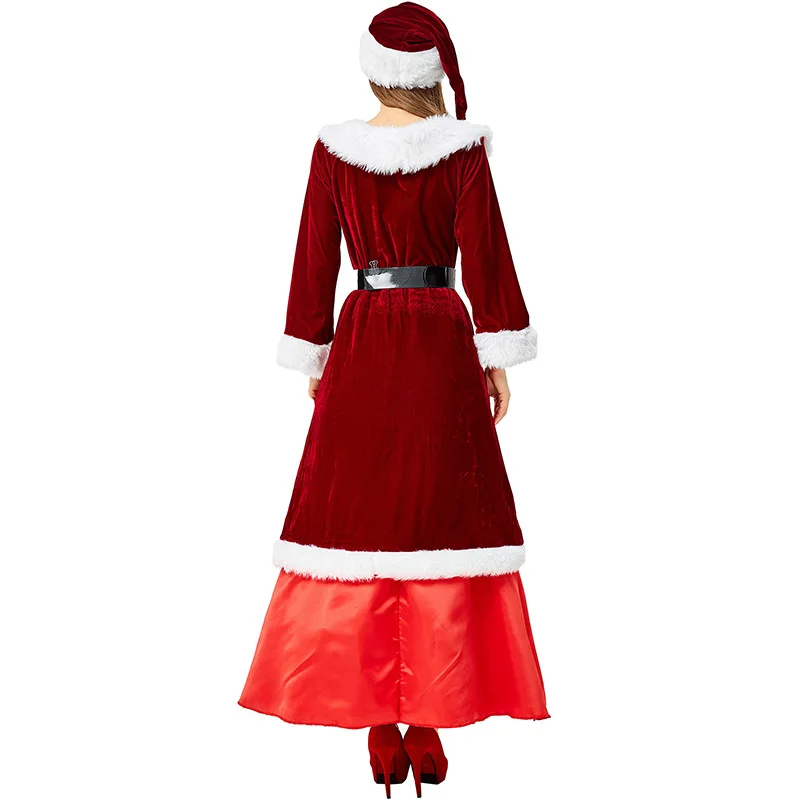 Christmas Eve Parent-Child Santa Claus Cosplay Long Dress for Women Slim Fit Wine Red Cotton Velvet Dress Girl Xmas Party Outfit