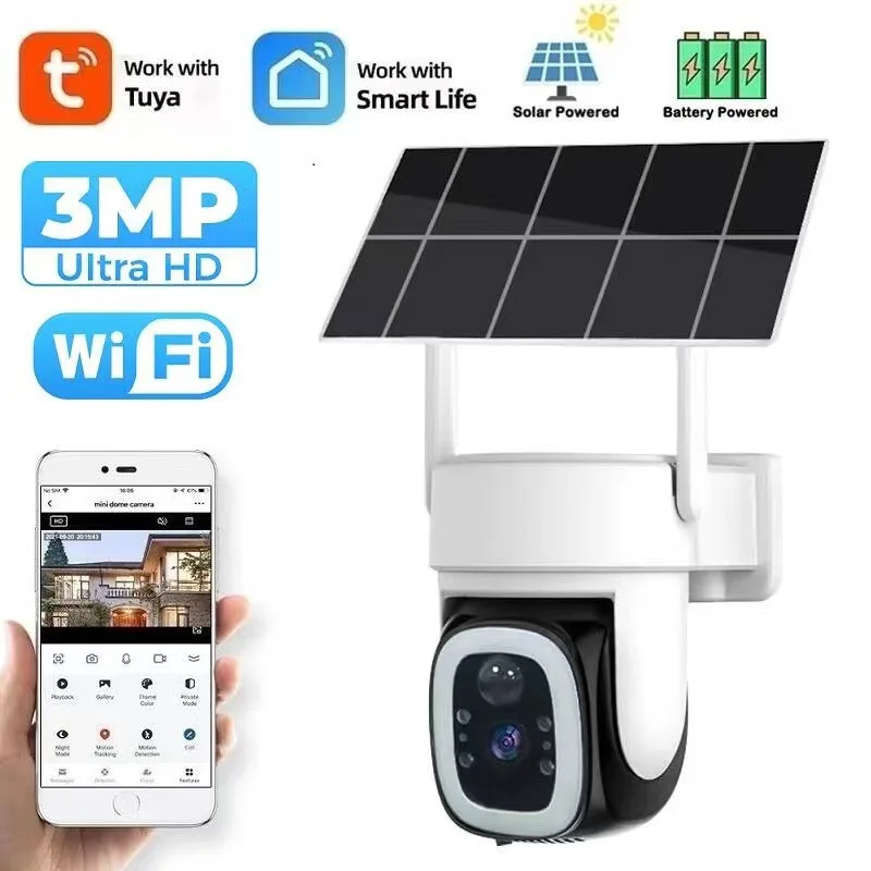 3MP 1296P Tuya APP Solar Power Low Comsunption WIFI IP Dome Camera Full Color AI Humanoid Detection  Home Security Monitor