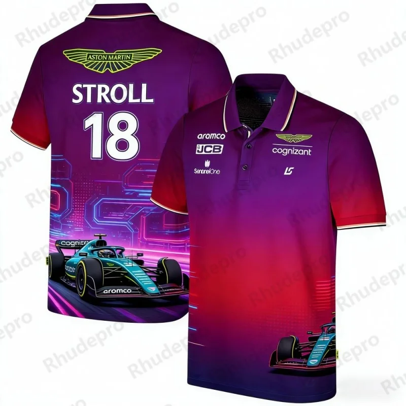 アストンマーティン-チーム-ストロール-no18-レーシングテーマ-半袖ポロシャツ-f1-ファン向け周辺スポーツウェア