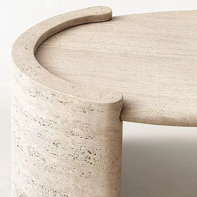 طاولة قهوة من الرخام الترافرتين الاسكندنافي Wabi-Sabi بحجم قابل للتخصيص طاولة زاوية مستديرة لأثاث المنزل في غرفة المعيشة