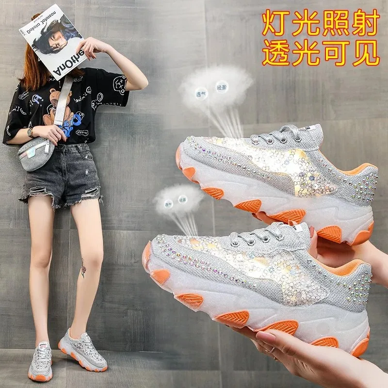 Women's Rhinestone Sequins Sneakers Lace-up Casual Dad Shoes Spring Breathable Thick Bottom Trainers Zapatilla Deportiva Mujer