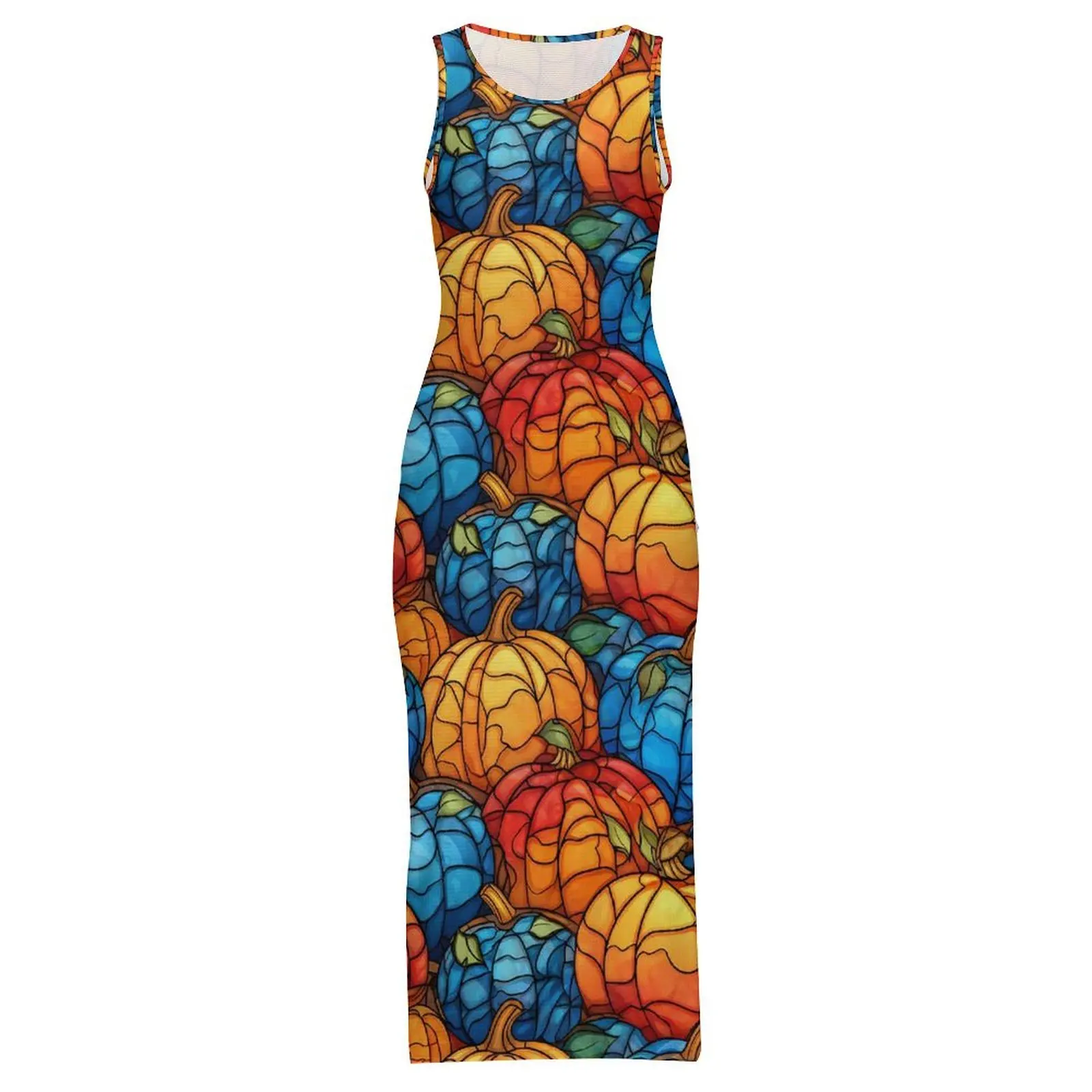 Abito con zucche in vetro colorato senza maniche blu e arancione Abiti lunghi alla moda Abito aderente casual Lady Graphic Vestido di grandi dimensioni