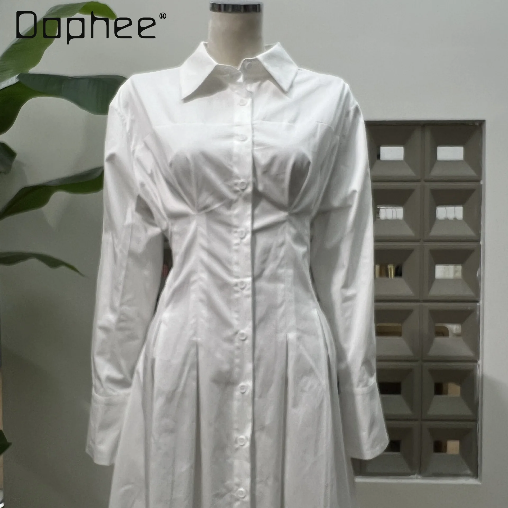 Französisch Elegante Mode Revers Langarm Einreiher Hemd Kleid Frauen Pendler Temperament Hohe Taille Schlank Mid-länge Kleid