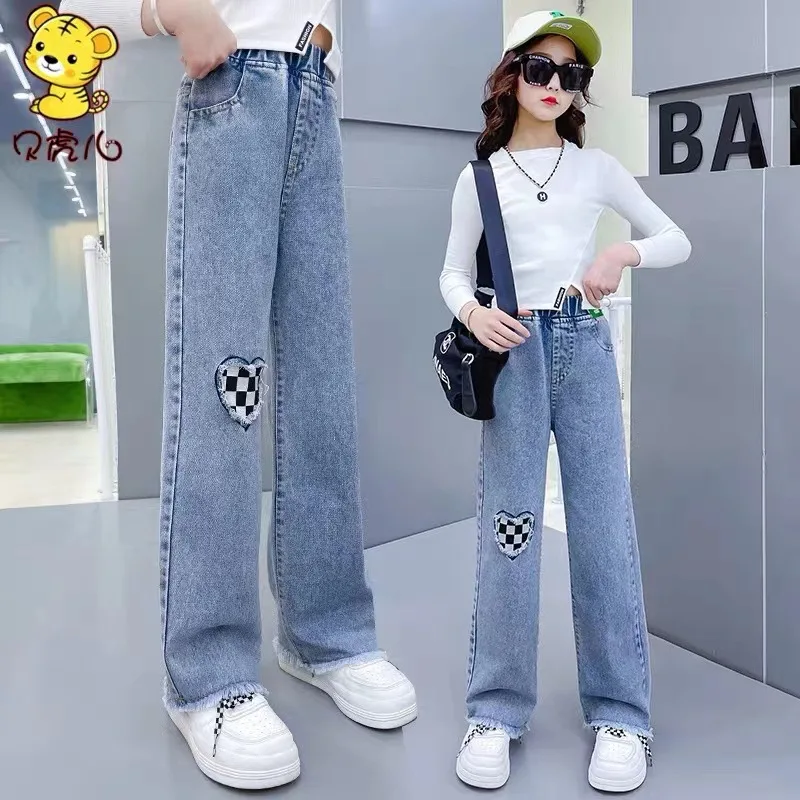 Casual Elastic Waist Teenage Children Pants Design Streetwear Kids Trousers Denim Wide Leg 2024 New Spring Autumn Thin Loose