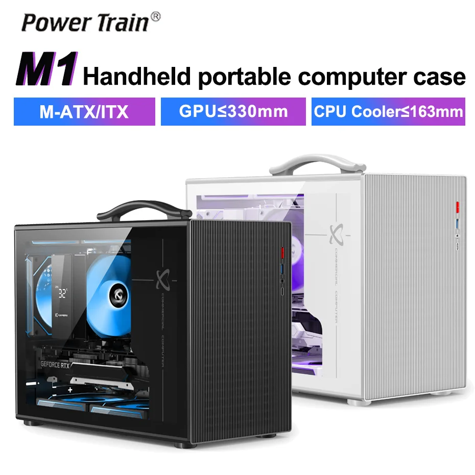 

Power Train X-GAMERX M1 Мини-футляр для настольного компьютера Портативный портативный прозрачный чехол MATX с боковым окном для игровых ПК