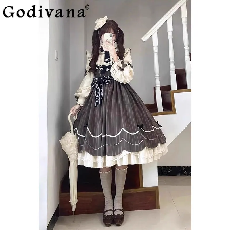 رائع الحلو لوليتا اليومية OP فستان أنثى لطيف أنيق لوليتا فستان الأميرة المرأة ربيع الخريف طويلة الأكمام القوس فستان