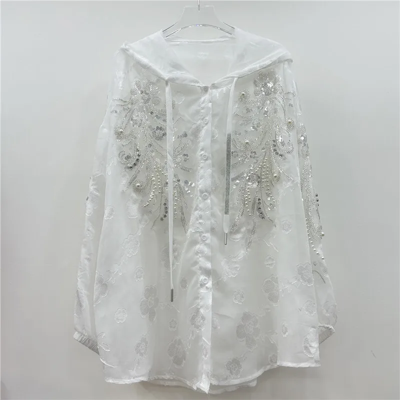 WTHT Mode Dames Zware Industy Kralen Pailletten Print Shirts Trendy Single-breasted Blouses Met Capuchon Vrouwelijke 2025, Zomer 1LS1721