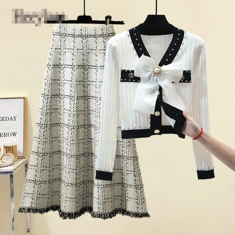 Women Autumn Winter Vintage fragrant Knitted Two Pieces Sets Korean Long Sleeve Knit Cardigan High Waist Plaid Skirts  N430