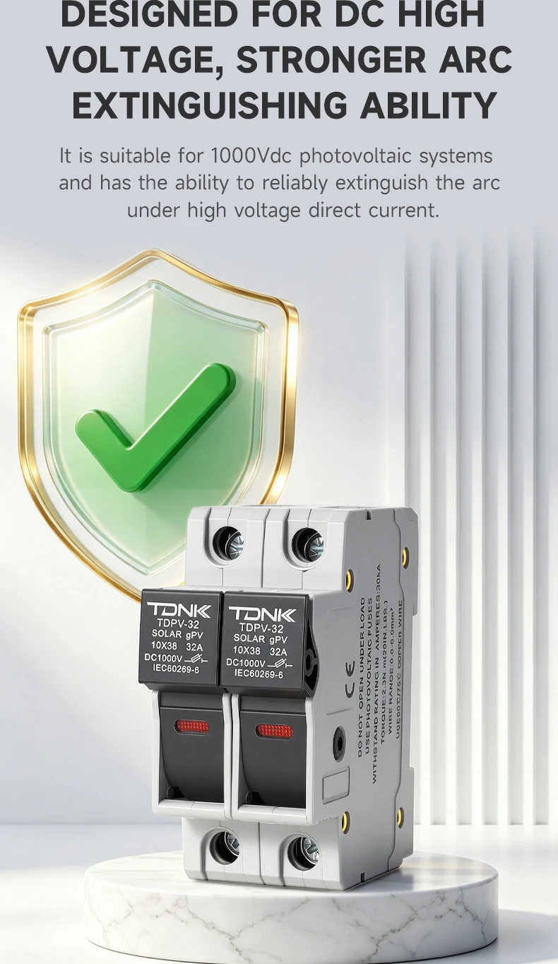 TDNK 2P DC1000V 32A Solar-PV-Sicherungshalter mit 2 Stück 10×38mm PV-Sicherungen, LED-Anzeige, DIN-Schienenmontage – Detail 5