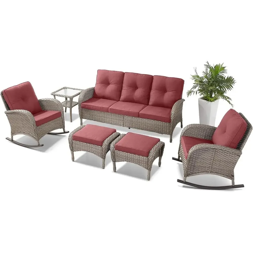6-Piece Outdoor Rocking Chair Set with Couch and Ottoman, Ideal for Patio, Deck, or Sunroom in Gray/Red