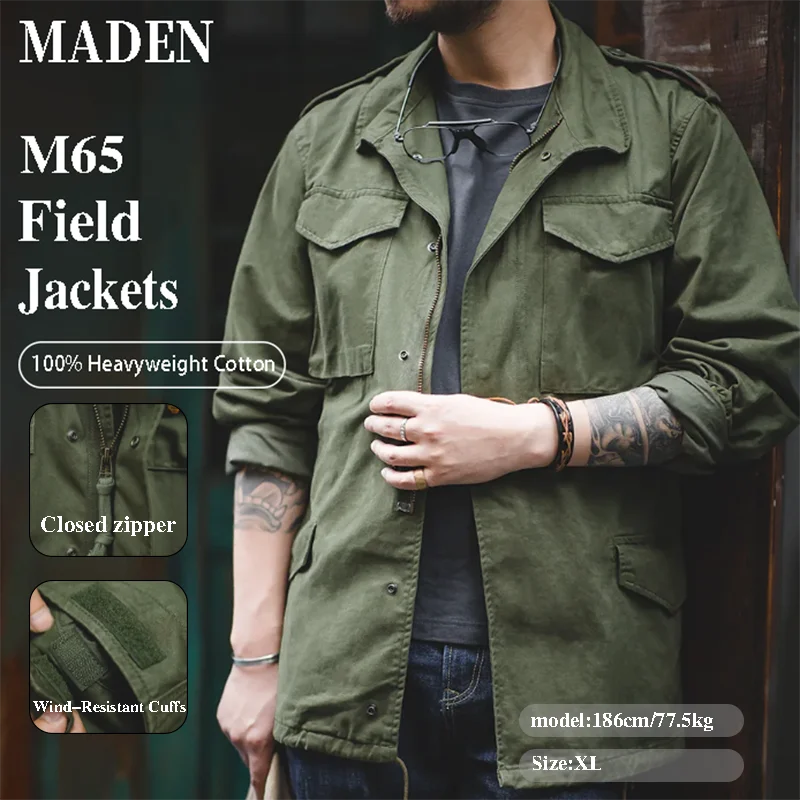 Męskie kurtki wojskowe Maden Military M65, zielona kurtka wojskowa w stylu vintage, casualowa wiatrówka, jednolity kołnierz z klapami, płaszcz z kieszeniami.