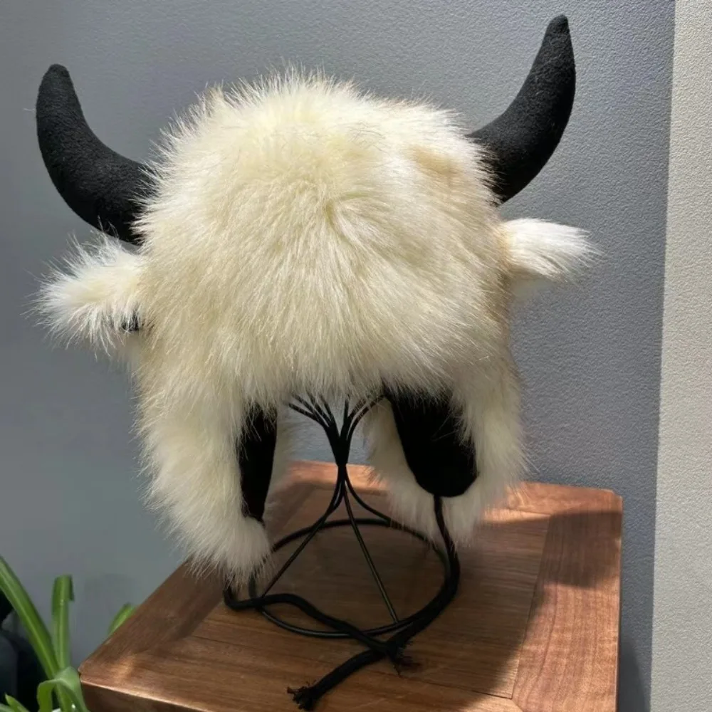

High Quality Unisex Bullhead Hat with Horns Fluffy Earflap Hat Windproof Thick Funny Hat