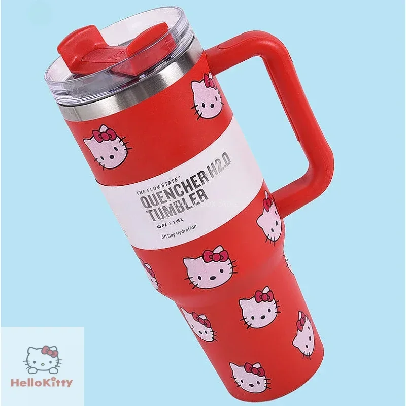 Taza aislada de acero inoxidable de Hello Kitty, tazas de pajita rosa con asa, termo de gran capacidad para bebidas, taza de café de coque, 40Oz