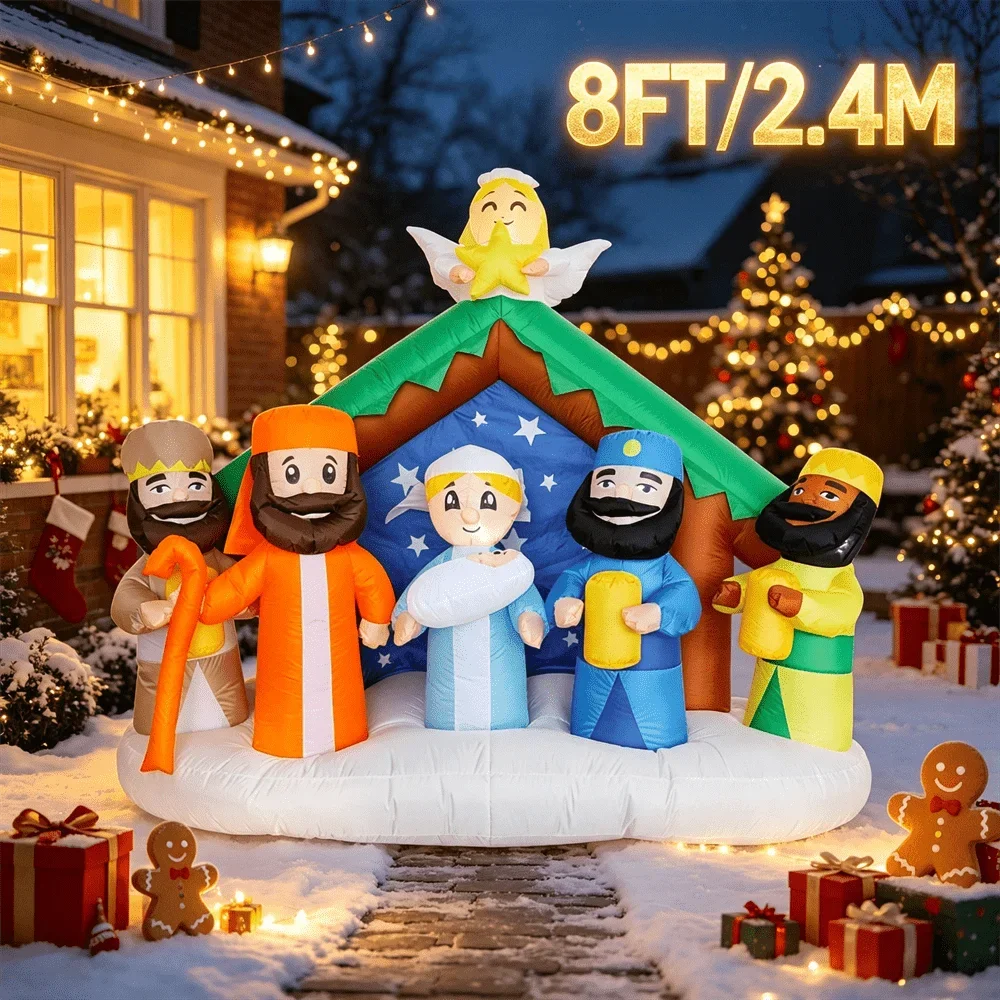 8FT/2.4M Christmas Inflatable Nativity Scene with LED Light Holy Family Wise Men Angel Inflatable Outdoor Yard Xmas Ornament
