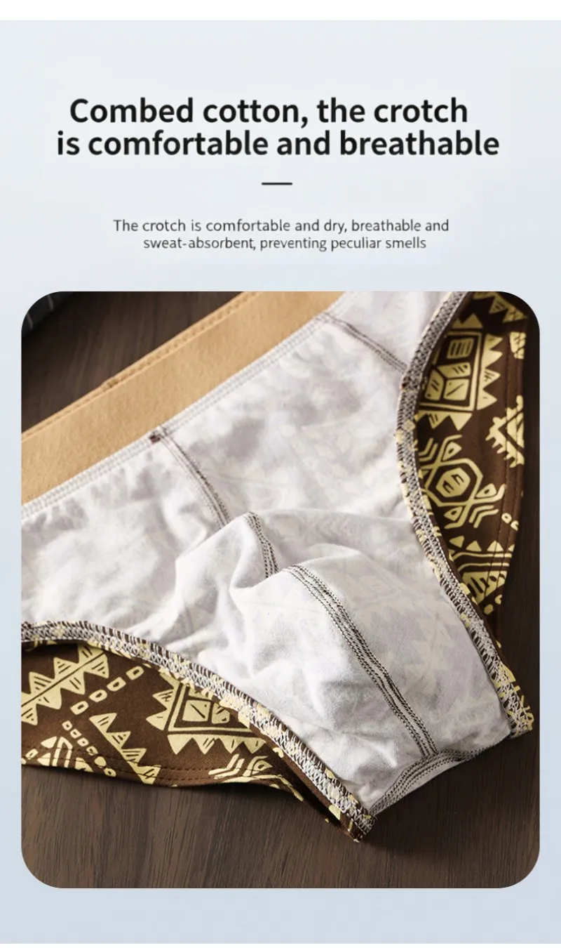3-teiliges Set Herren-Baumwollslips im Retro-Ethno-Stil Bedruckte Unterwäsche Weiche Atmungsaktive Mittelhoch Sitzende Slips Komfortable Dehnbare Alltagsunterhosen – Detail 5