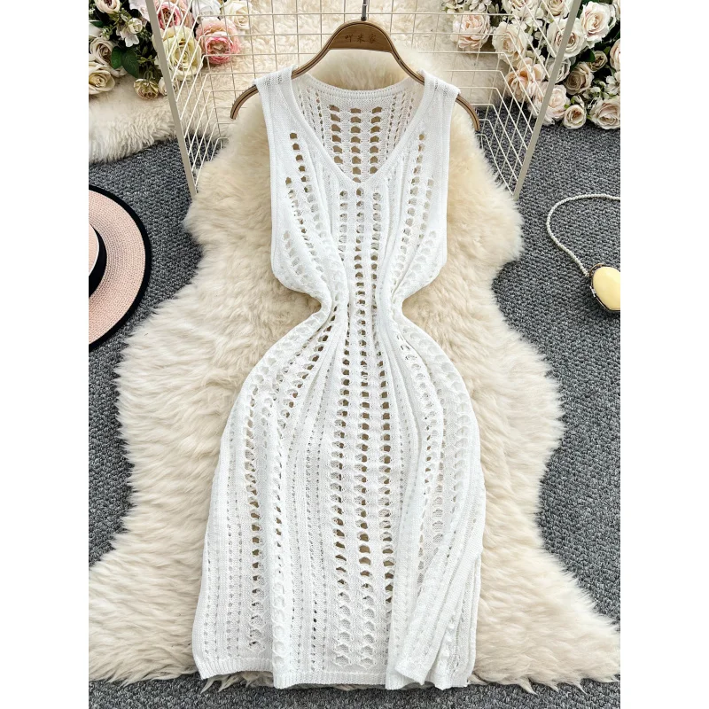 2025 boho women summer sexy knitted short tank dress casual hollow out beach holiday sundress split chic slim v neck dresses