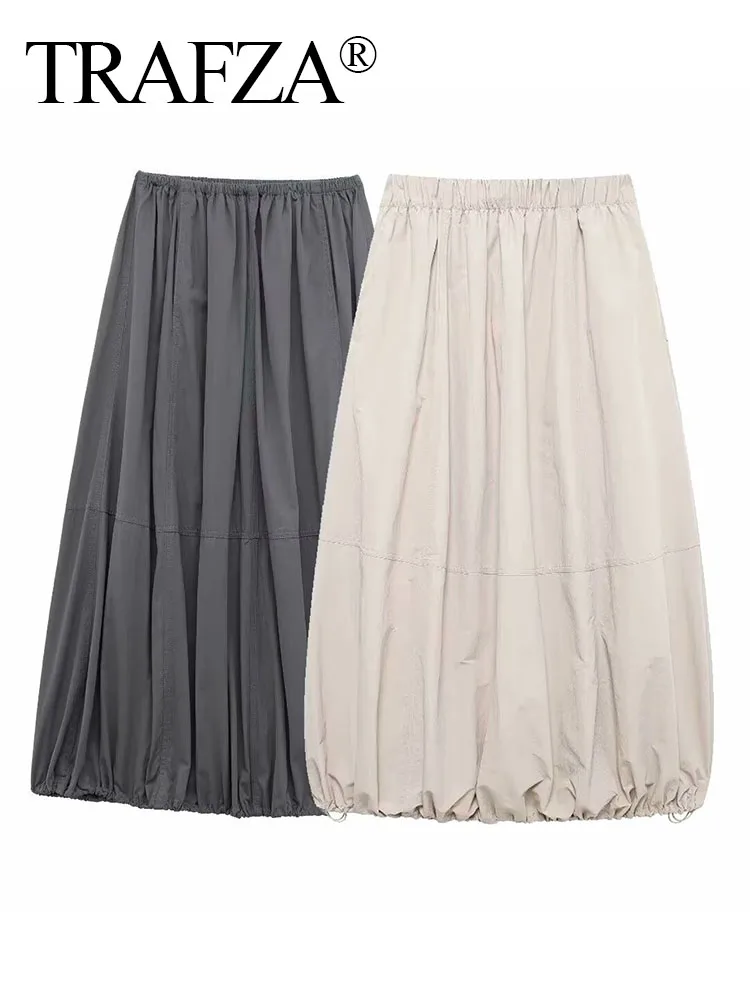 

TRAFZA Female Summer Fashion Drawstring Pleated Decorated Balloon Lantern Skirt Women Elastic Waist Mid-Calf Casual Skirt Mujer