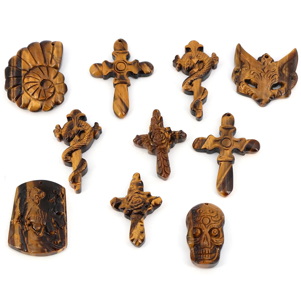 Nature Tiger Eye Carved Shell Skull Fox Mask Geometric Cross Pendant DIY Jewelry Necklace Bracelet Accessories Reiki Home Decor