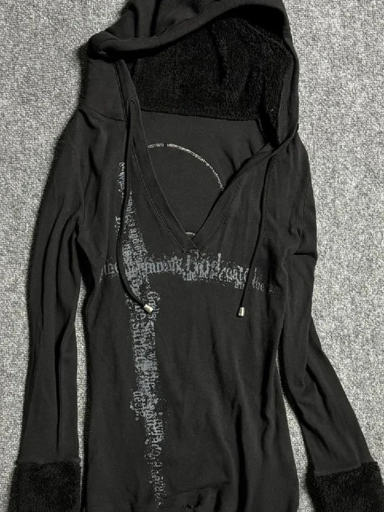 Y2k Vintage Stampato Slim Felpe con cappuccio da donna Manica lunga Estetica Moda Felpa con cappuccio nera Con scollo a V Abbigliamento streetwear 2025 Nuovo