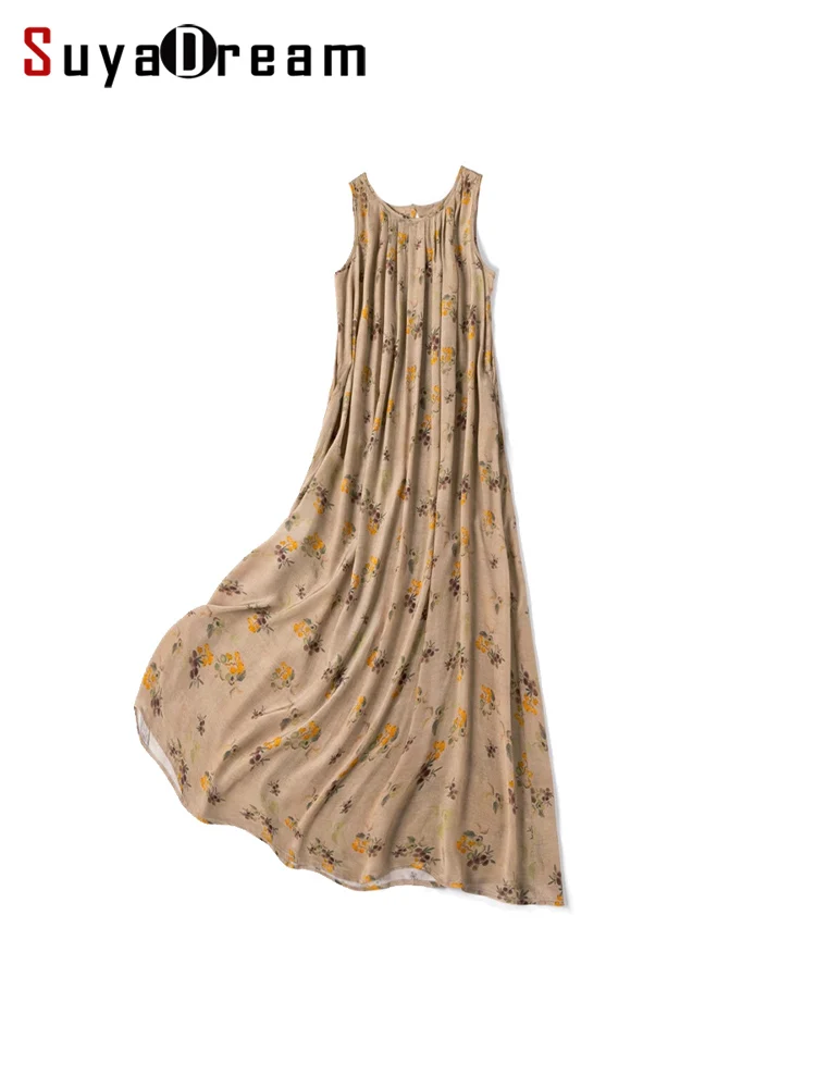

SuyaDream, Women Long Dresses, 100%Real Silk, Sleeveless, A-line, Printed Dress, 2025 Spring Summer Beach Clothes