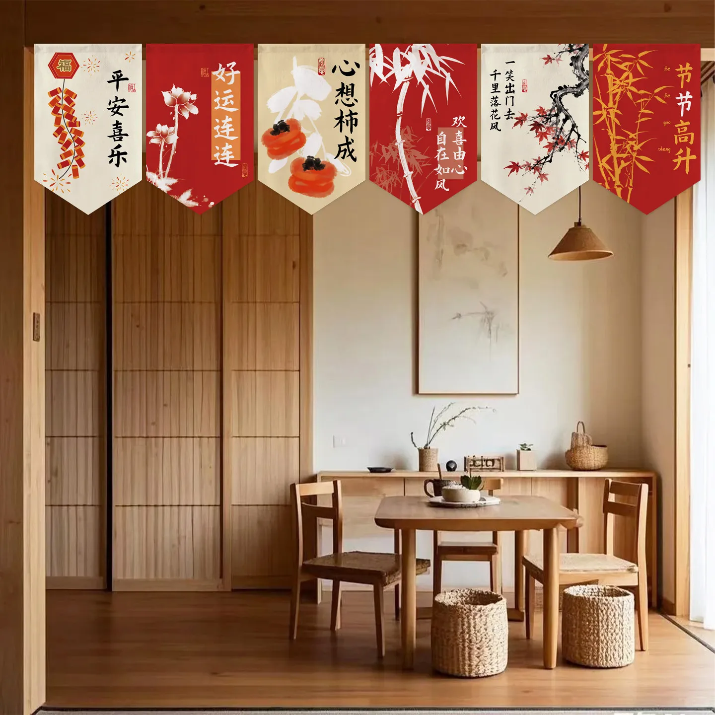 VIKAMA Chinese Style Triangle Flag Half Curtain, Door Hanging Festive Decor for Kitchen Shop