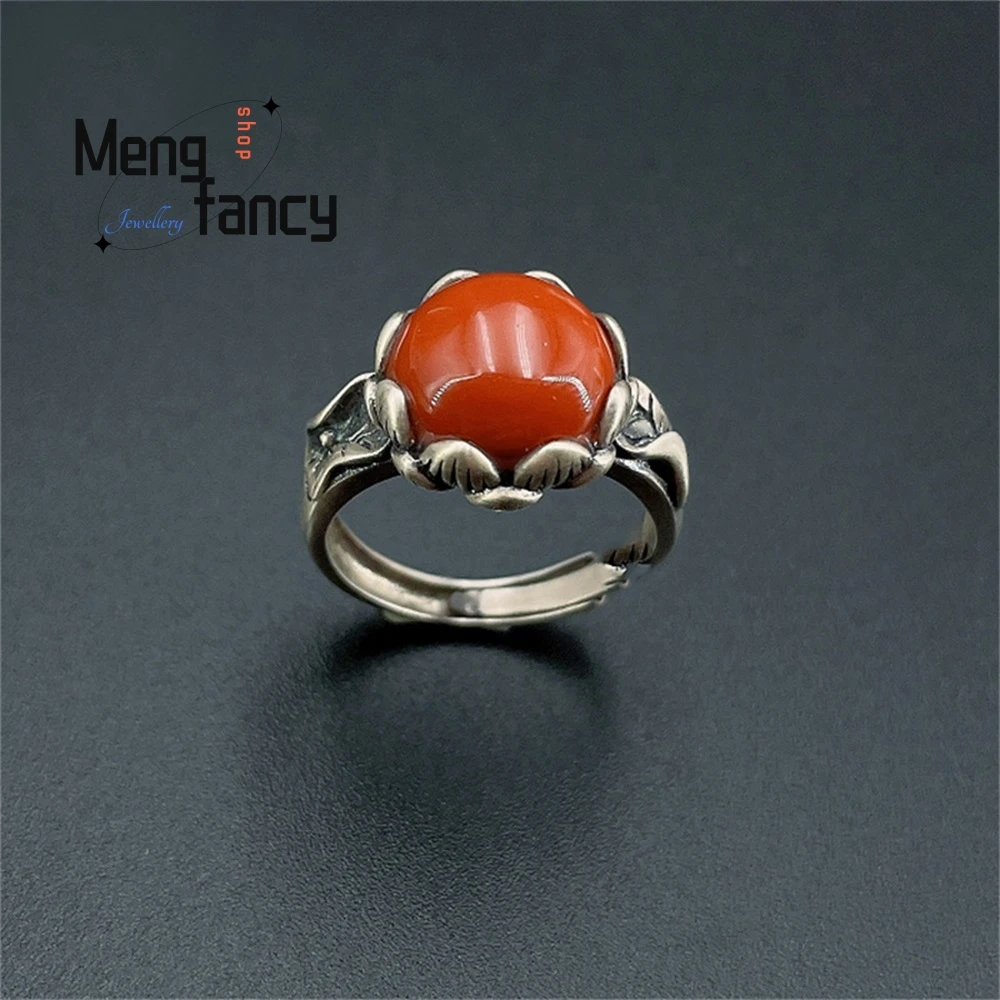 

Red Agate Lotus Ring Niche Design For Women With Retro Chinese Style And Adjustable Index Finger Ring Fashion Exquisite Jewelry