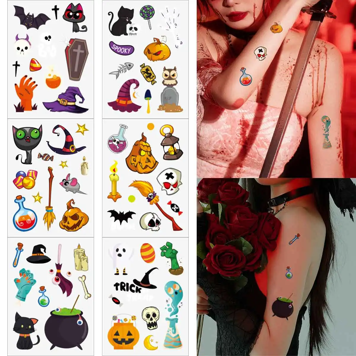 

6 Sheets Funny Halloween Temporary Tattoo Stickers Bat Pumpkin Ghost Witch Horror Cat Tattoos Stickers Waterproof Festival Decor