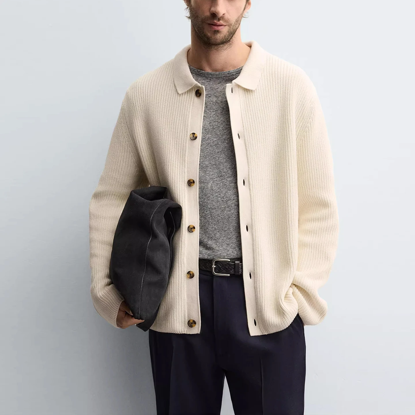 남성용 슬림핏 니트웨어 스트레이트 튜브 리브드 아우터웨어 통기성 편안한 롱 슬리브 가디건