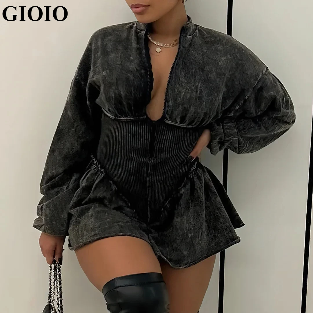 

GIOIO autumn winter sexy A-line dress for women print designer stylish long sleeve V-neck low cut dress fashion clothes