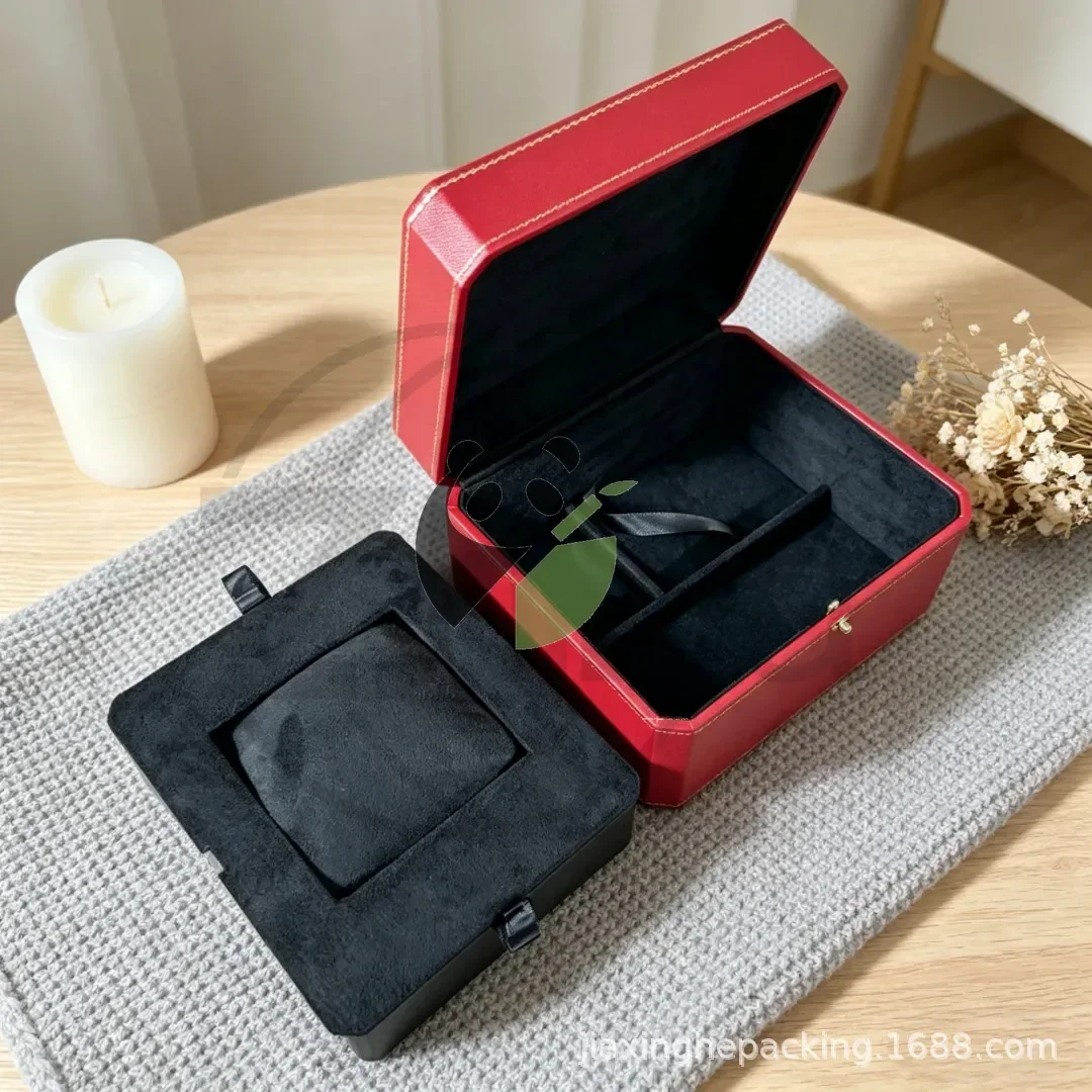 Watch Storage Case Red with Fleece Lining & Elastic Buckle, Holder for Quartz and Mechanical Wristwatches