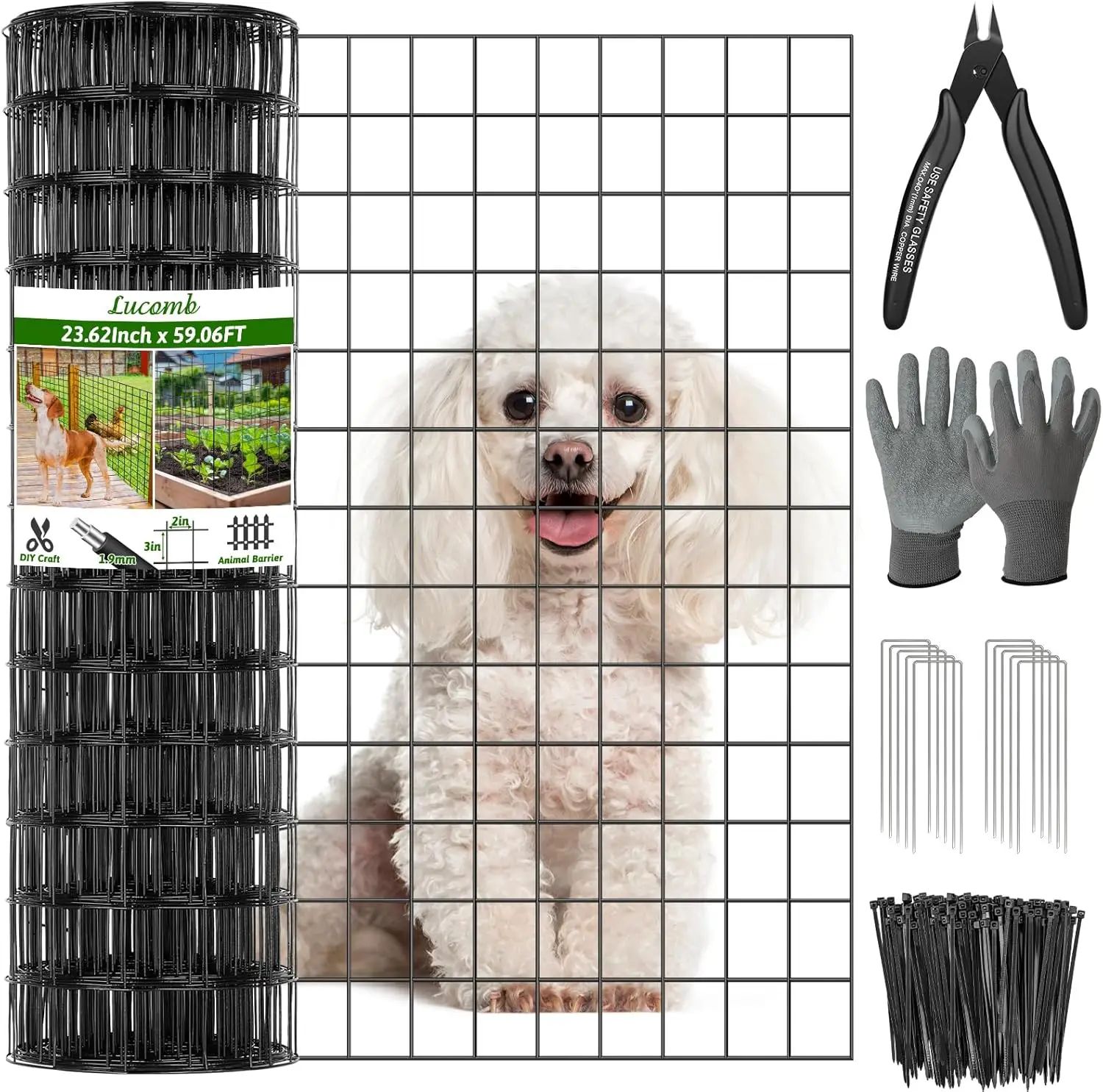 

24x59ft Black PVC Coated Welded Wire Fence, 2x3in Mesh for Dog Yard Garden Protection with U-Shape Hooks