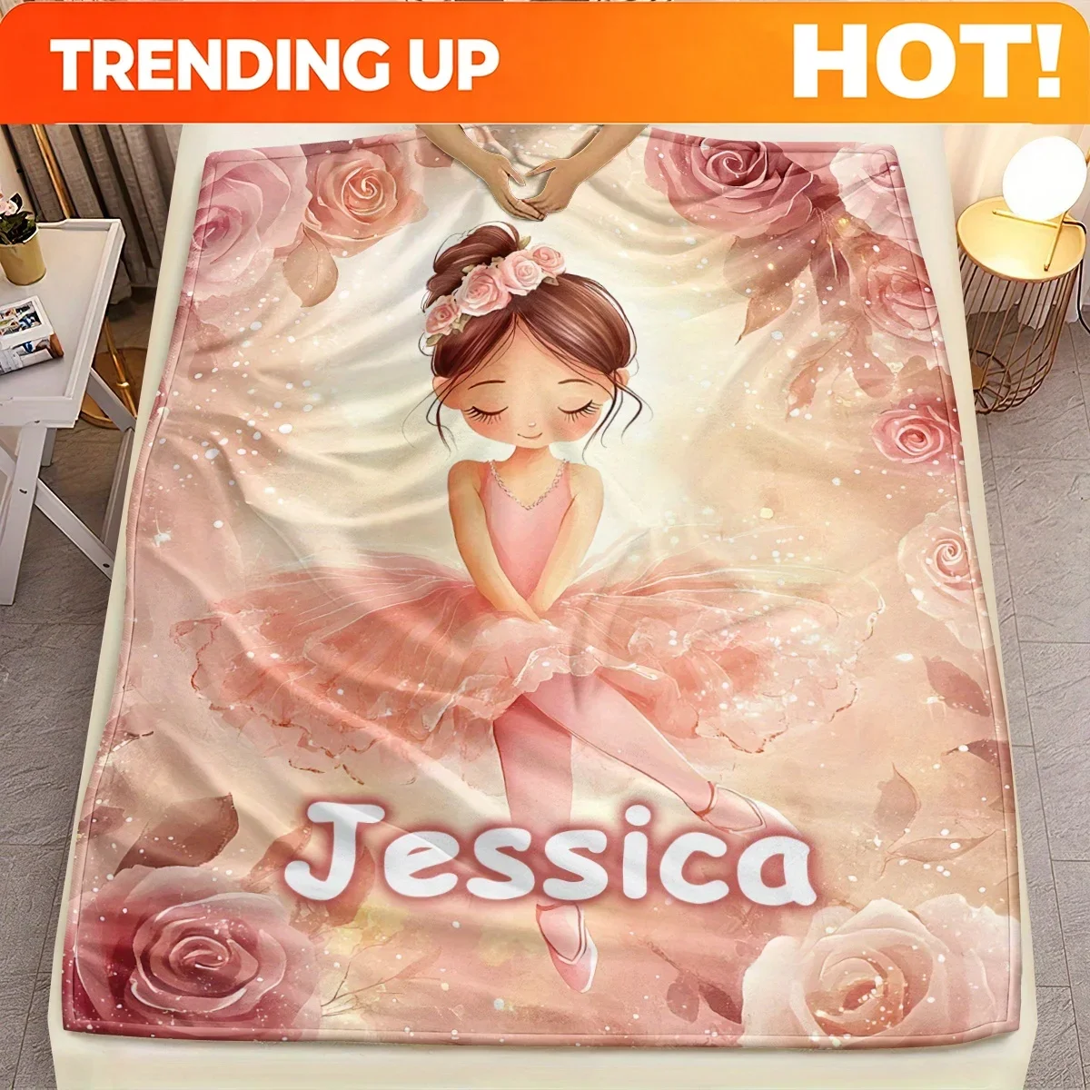 Customization Custom Name Cute Dancing Girl Blanket- Lightweight Flannel Throw For Sofa, Camping, Livingroom, Office, Chair, And