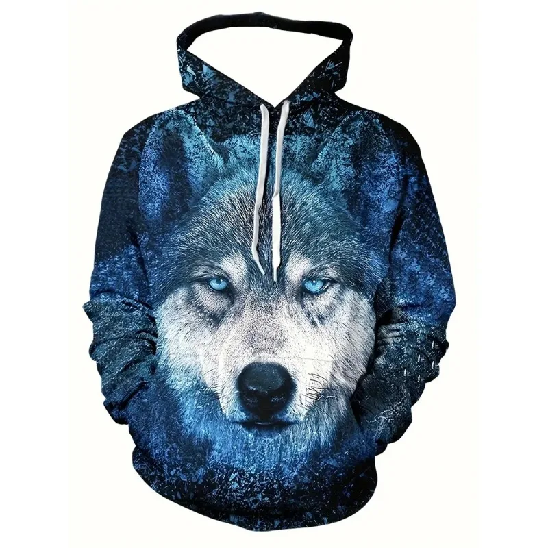 

2025 New Fashionable Men's Hoodie 3D Printed Cool Wolf Pattern Design Novel Long Sleeve Hoodie with Pocket for Daily Wearing