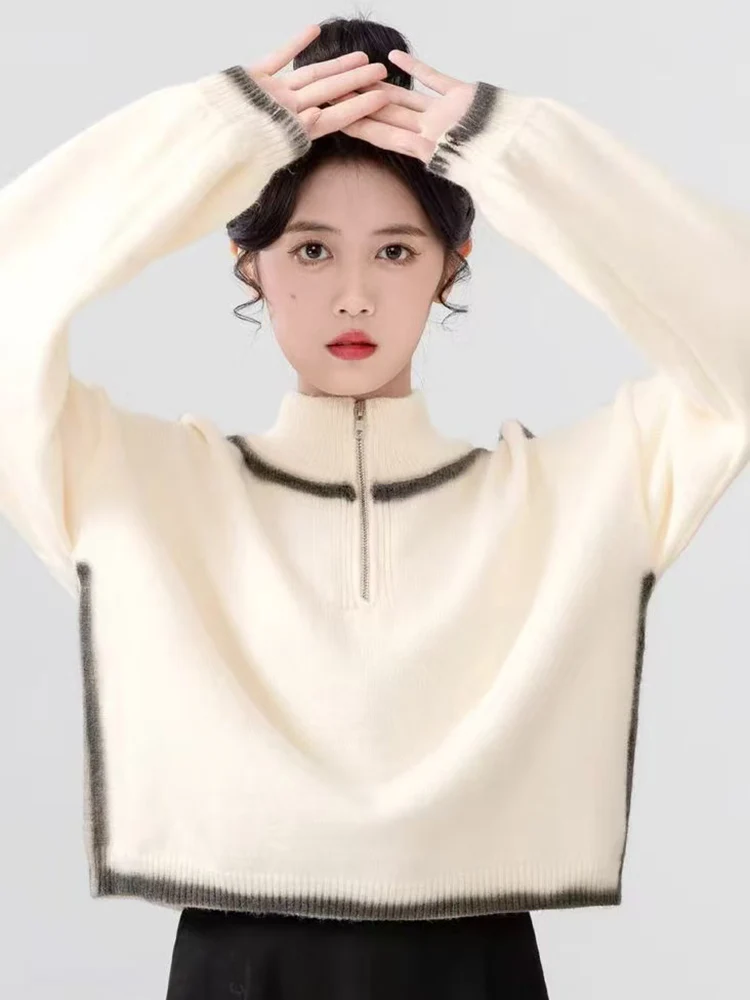

Y2K High Neck Sweater Women Semi Zip Knit Top Thick Loose Lazy Short Sleeve Autumn Winter