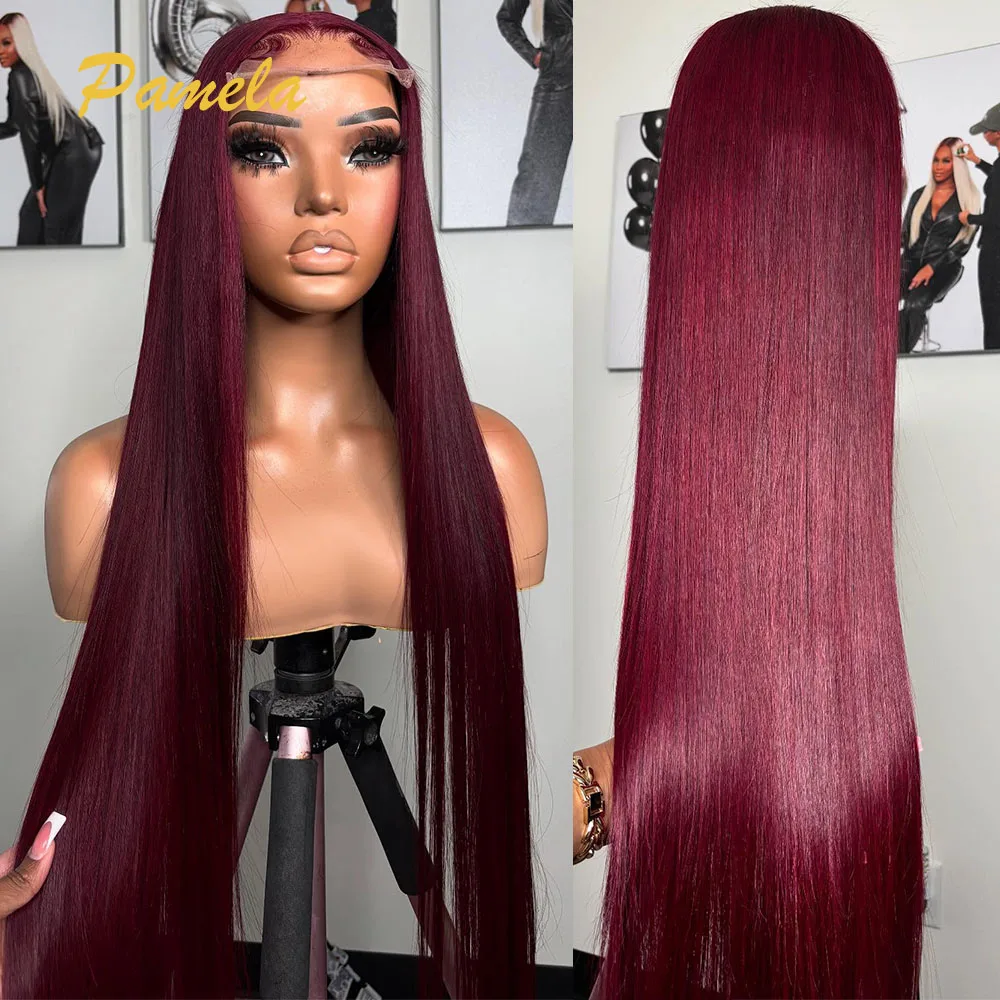 

Super Double Drawn Burgundy Colored Glueless Wig Ready To Wear 13x6 Bone Straight Transparent 30inch Lace Front Human Hair Wigs