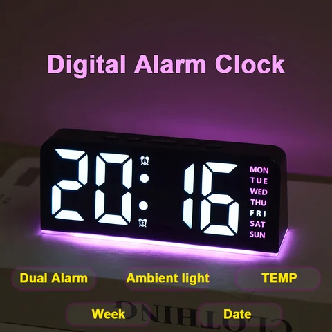 7” LED 디지털 알람 시계 테이블 시계 침실용 3단계 조절 가능한 밝기 조광기/이중 알람/온도/날짜/야간 조명 Best5