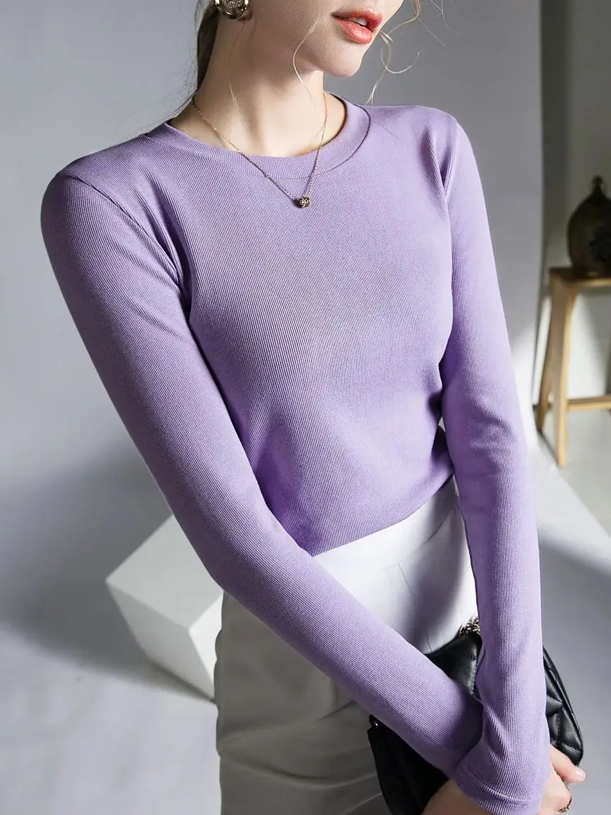 Spring Autumn Full Sleeve T-shirts Girls O-neck Solid High Stretch T Shirt Top For Woman Simple Base Slim Tee