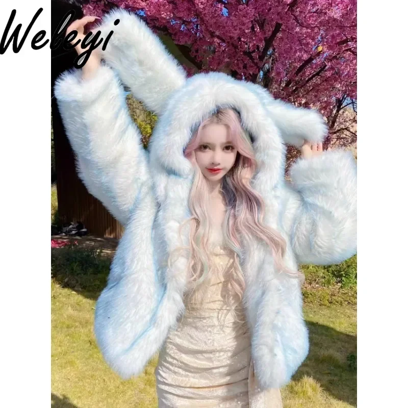 Student Cute Mink Hair Rabbit Ears Hooded Furry Jacket Feminina 2024 Winter New Warm Women's Thickened Faux Fur Plush Coats