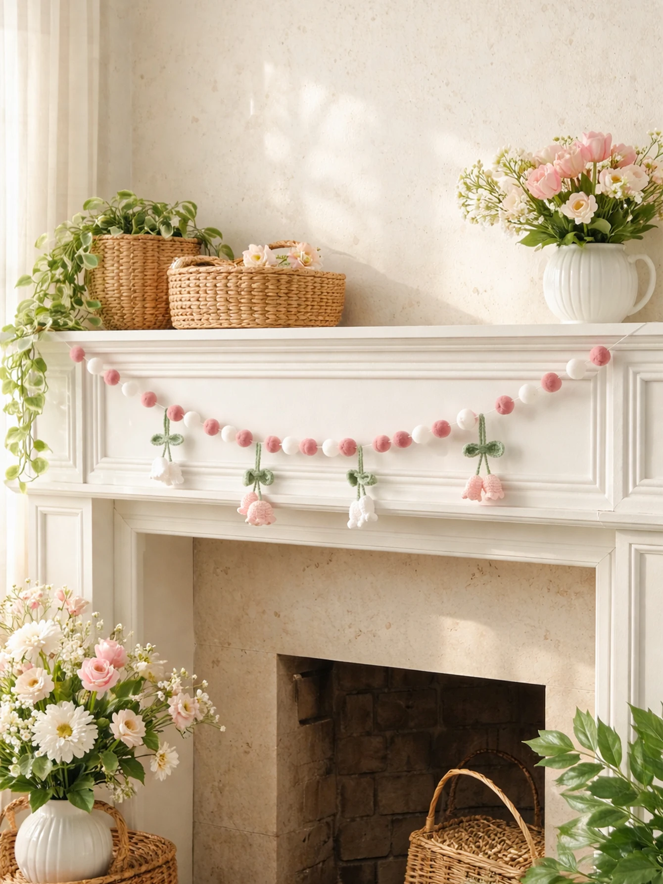 Boho Crochet Lily of the Valley Pom Garland Pink White Felt Ball Floral Banner Cute Wall Hanging for Nursery, Bedroom & Party