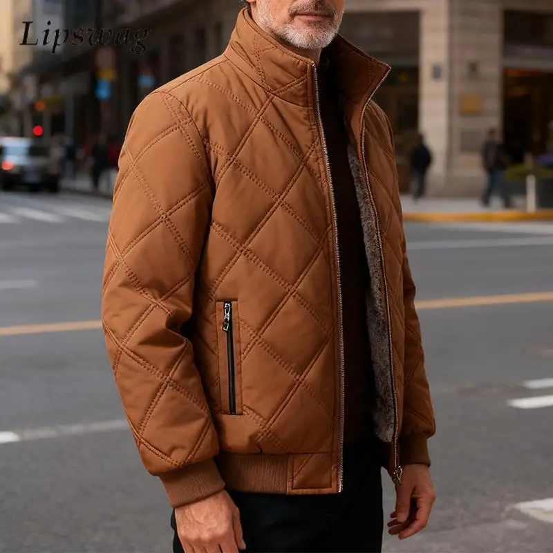 

Outdoor Casual Warm Winter Coats Mens Stylish Zipper Stand Collar Fleece Lining Jackets Men Clothing Autumn Trendy Outerwear