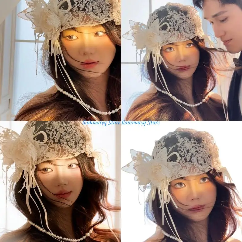 

573B Antique Bridal Hair Ornament Lace Flower Headwrap Elegant Bride Photo Headpiece