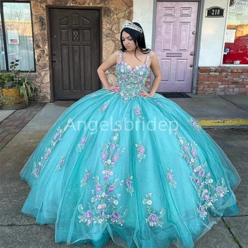 Angelsbridep-Vestidos De Graduación Aqua Princess, vestido De baile De quinceañera, vestido De fiesta, tirantes finos, apliques 3D