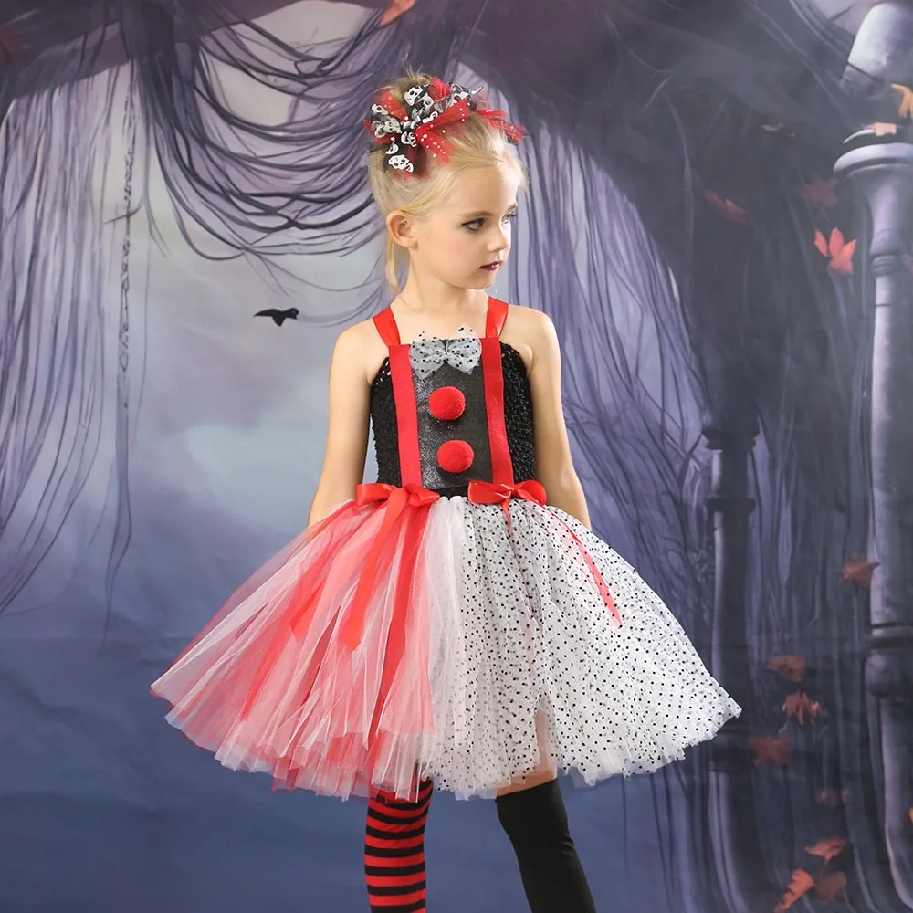 Creepy Clown Girls Halloween Costume Kids Tutu Dress Tulle Party Dresses Carnival Princess Dress Up Children Cosplay Costume