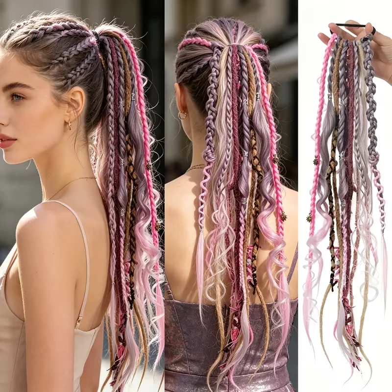22 Inch Dreadlock Ponytail Hair Extensions Synthetic Boho Locs Braiding Hair Elastic Rubber Band Stretchable Ponytail Hairpiec