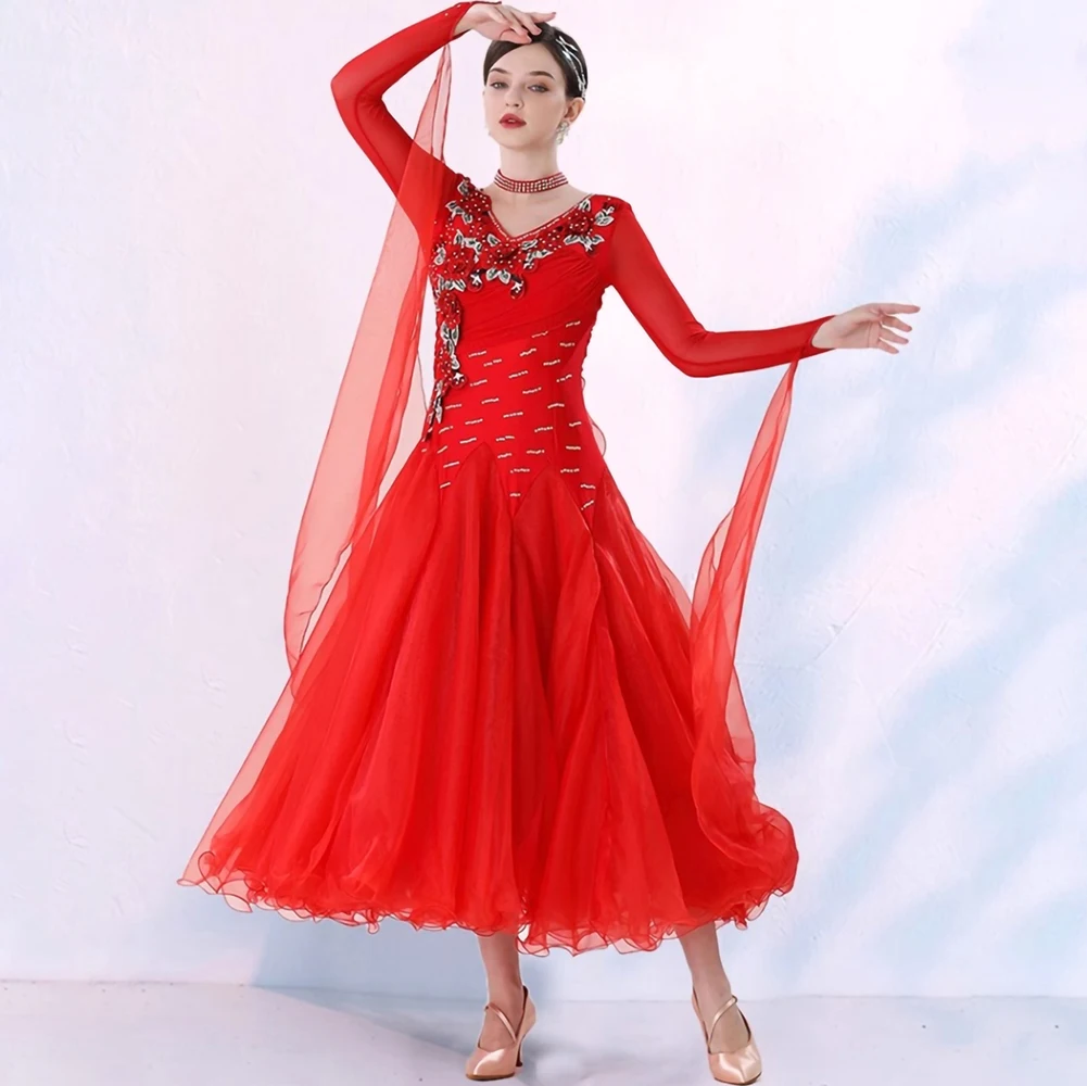 왈츠 의상 데칼 현대 스 트리머 스포츠 댄스 드레스 긴 소매 표준 성능 드레스 라인 석 블루 레드