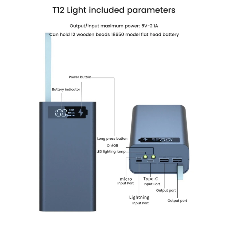 12X18650 Charging Battery Case Welding Free Battery Storage Box DIY Power Bank Case T12 with Light 18650 Battery Box