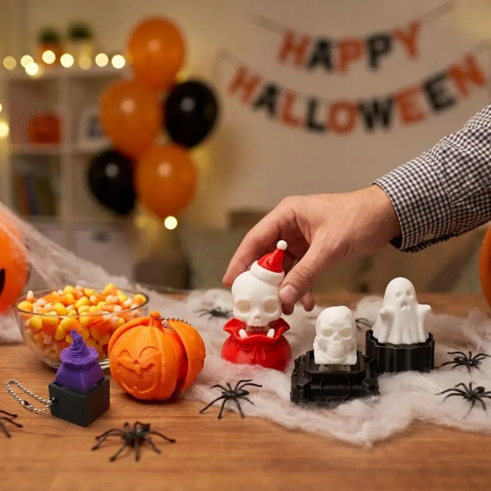 Novelty Halloween Pumpkin Keychain 3D Printed Gothic Style Ghost Witch Hat Pendant Mechanical Click Click Sound